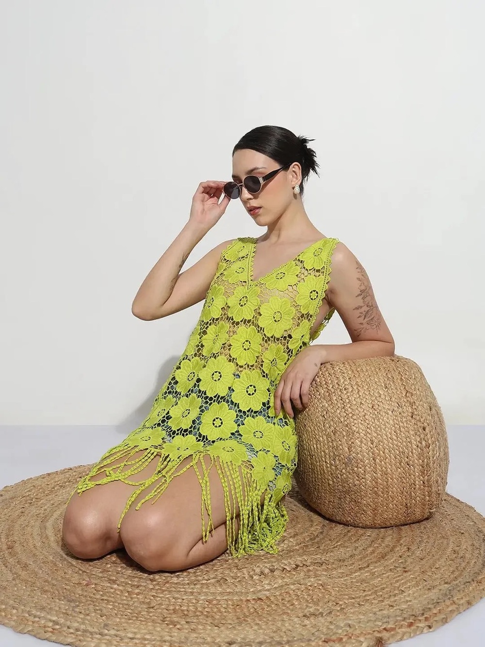 India Boutique Neon Lime Crochet Fringe Swim Cover-Up